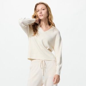 Uniqlo Washable Knit Ribbed Polo Sweater XS Natural Cream